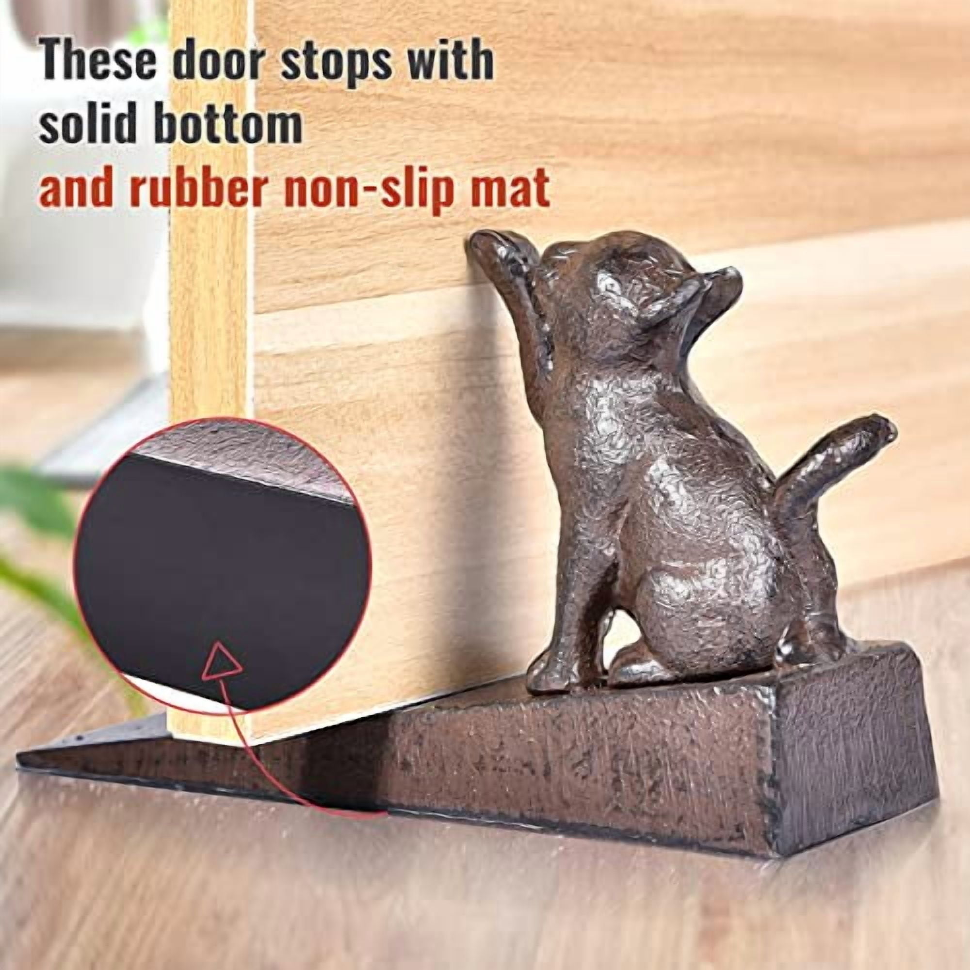 Sungmor Heavy Duty Cast Iron Cat Door Stops | Decorative Cute Animal Statue Metal Door Stopper Wedge with Non-Slip Mat | Solid & Antique Style Windproof Door Holder for Patio Yard Garden Farmhouse