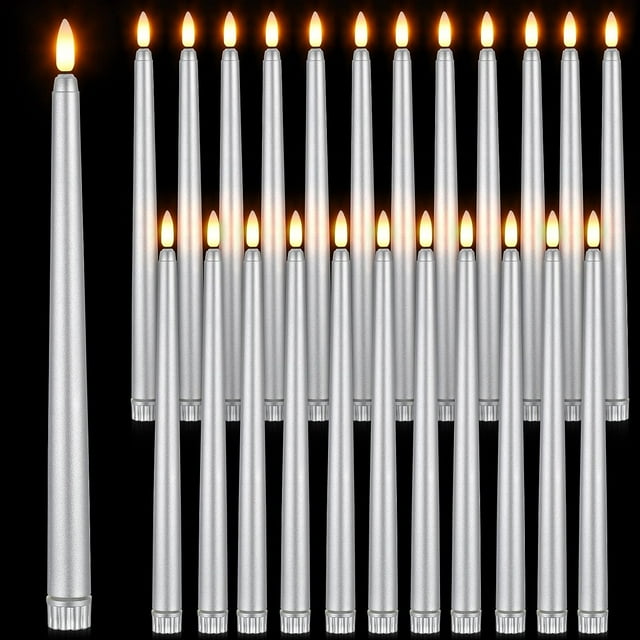 HSHDLDF 24 Packs Flameless Taper Candles Battery Operated 11 Inch Long Candle Light LED Flameless Candlesticks Fake Candles Flickering Tapered Candles for Valentine's Day, Wedding(Silver)