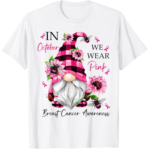 t-shirt In October We Wear Pink Gnome Breast Cancer Awareness T-ShirtMen and women can wear white T-shirts, gifts. Age: M,,L,XL,2XL,3XL, 4XL