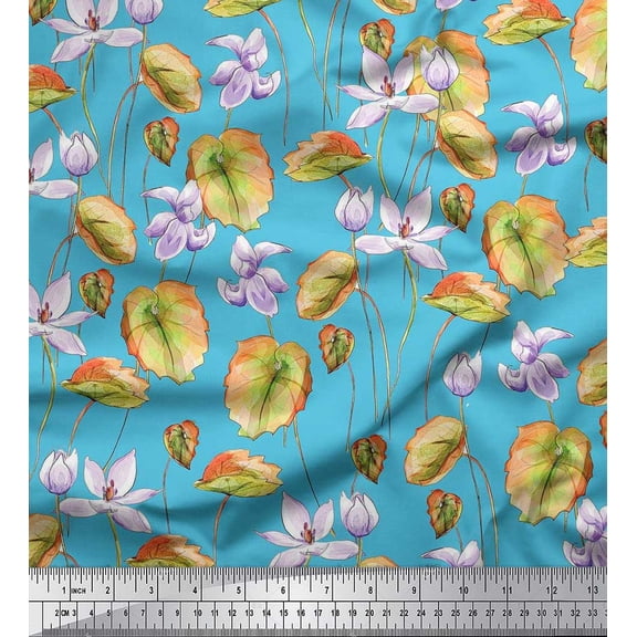 Soimoi Blue Cotton Duck Fabric Leaves & Purple Floral Print Fabric by Yard 42 Inch Wide