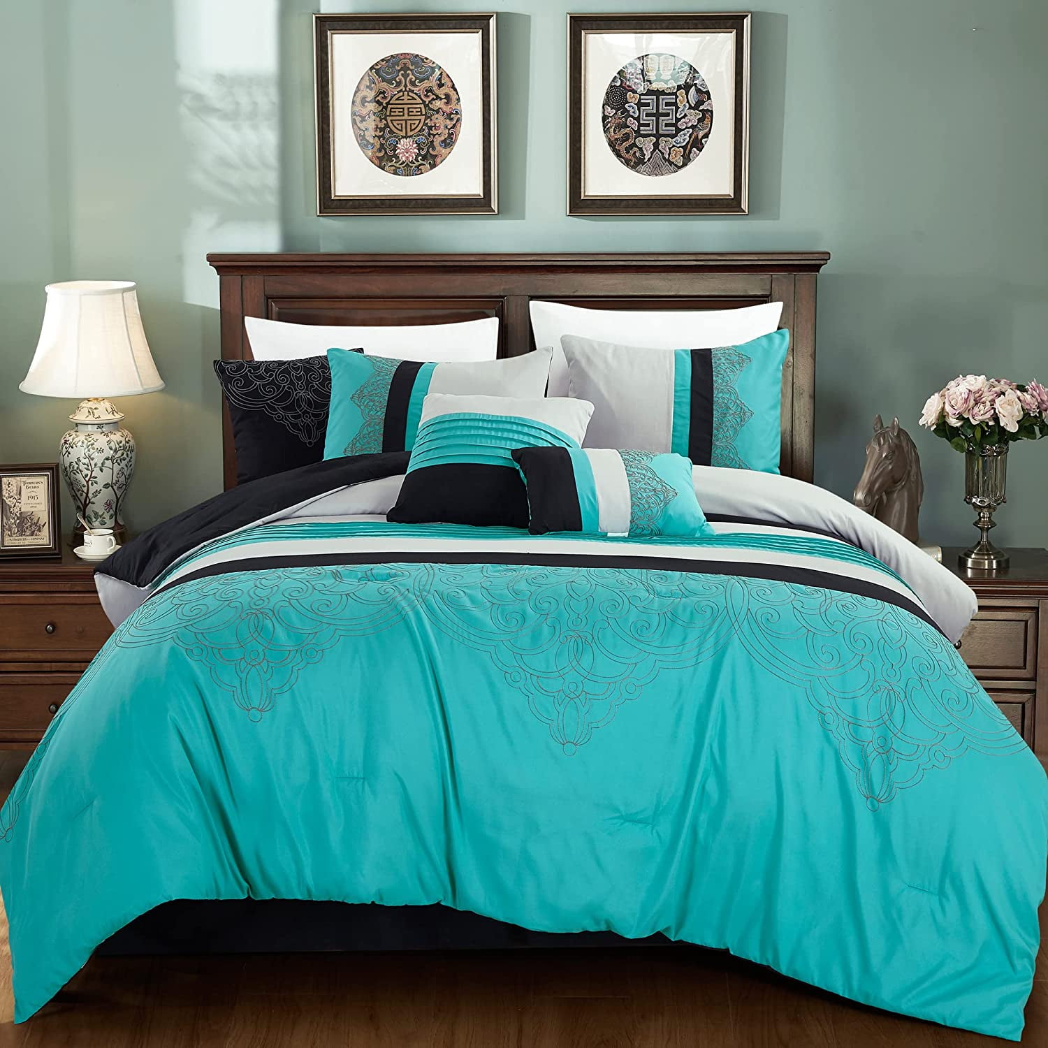 Clearance Sale Chezmoi Collection 7-Piece Pleated Comforter Set Teal/Brown 