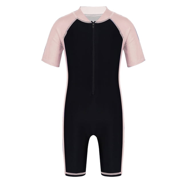 RUNQHUI Kids Girls Boys One Piece Zip Rash Guard Sun Protection Swimsuit Swimwear UPF 50+ Wetsuit Pink&Black 8