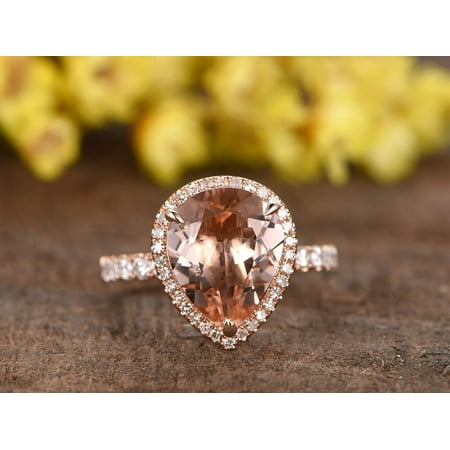 Rose Cut Ring - Huge 3 Carat Pear Cut Morganite and Diamond Engagement Ring in Rose Gold