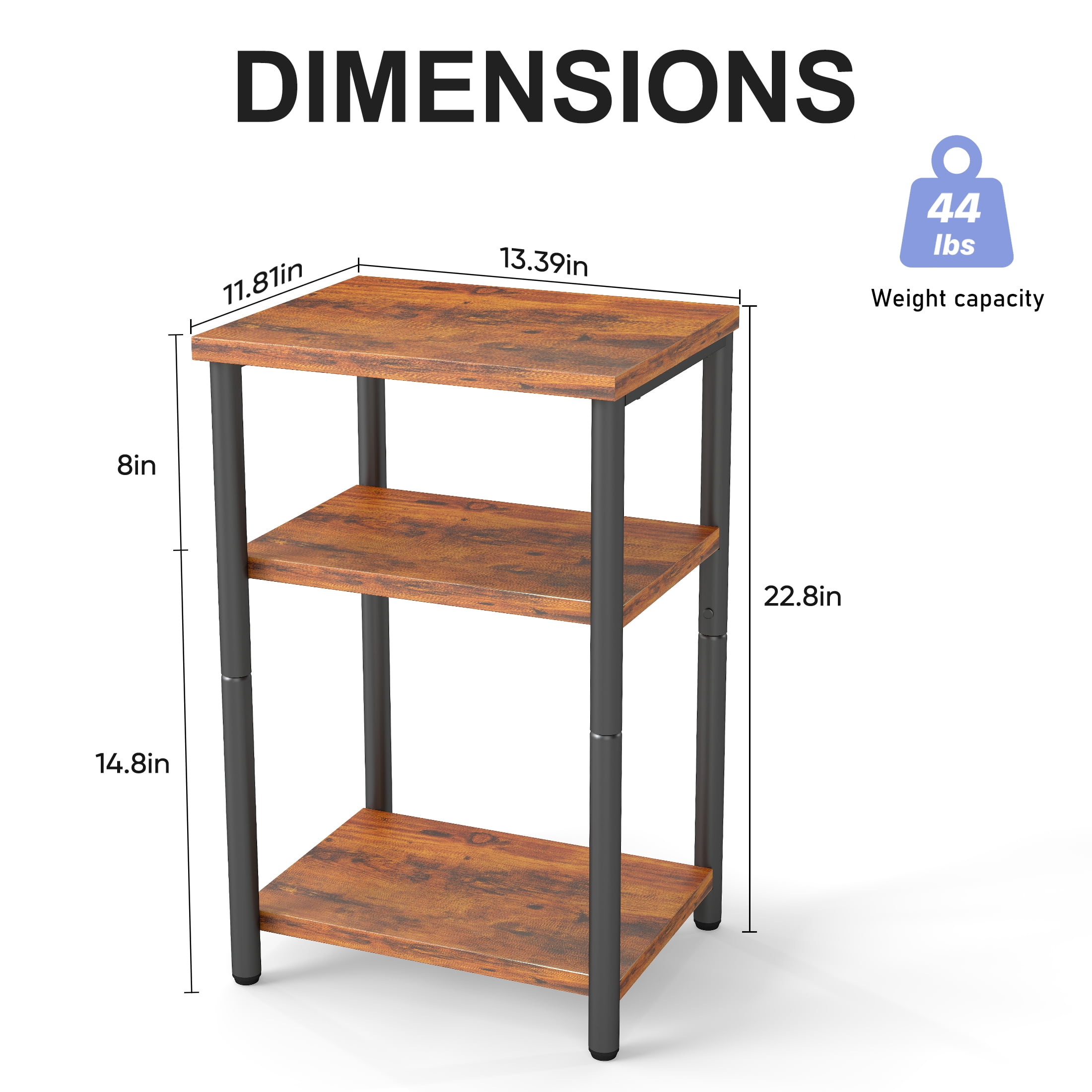 edx 3-Tier End Table, Nightstand, Storage Shelf for Living Room, Bedroom, Rust Brown,11.81"W x 13.39"D x 22.8"H