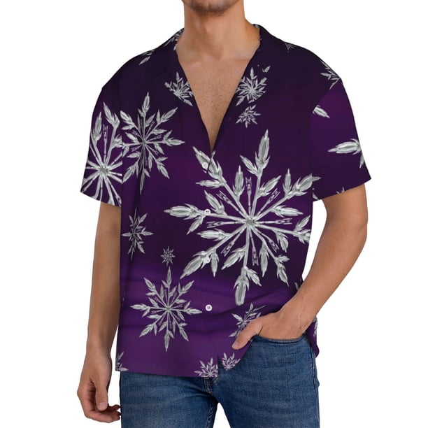 Fotbe Snowflake Gradient Purple Camisa Estampada de Manga Corta para Hombre, Casual de Verano, Estilo Playero, Sin Arrugas-3X-Large