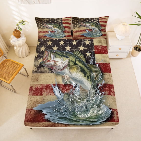 Manfei Vintage Bass Fish Fitted Sheet Full, Rustic American Flag Bed Set, Red Navy Beige, 3pcs, 1 Fitted Sheet and 2 Pillowcases