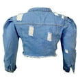thumbnail image 4 of QJUHUNG Women‘s Ripped Denim Jacket Long Puff Sleeve Cropped Jean Coat  Distressed Button Down Jacket Streetwear, 4 of 7