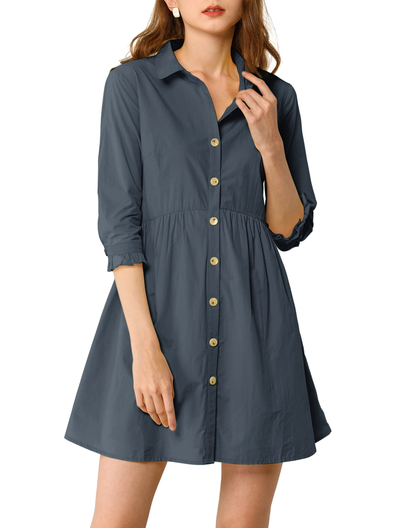 DARING DIVA Elegant Collar Flare 3/4 Sleeve Button Mini Shirt Dress L Dark Blue