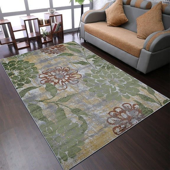 RUGSOTIC CARPETS MACHINE MADE HEATSET POLYPROPYLENE AREA RUGS - 8'x10', Rectangle Shape, Beige Green Color, Floral Modern Design, High Pile Machine Made Area Rugs for Living Room, Bed Room (M00024)
