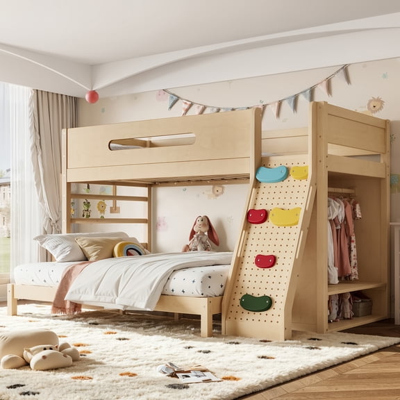 Harper & Bright Designs House Bunk Bed Twin XL over Queen with Storage Shelves and Wardrobe, Wood Floor Bunk Bed Frame with Ladders and Slides for Boys Girls, White