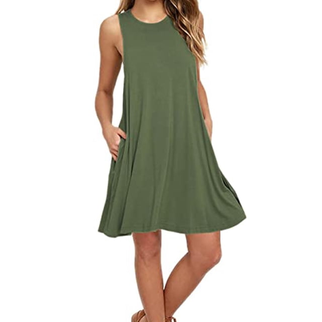 Luxtrada - Vestido playero informal de verano sin mangas para mujer, estilo playero, liso, plisado, con bolsillo (verde, L)