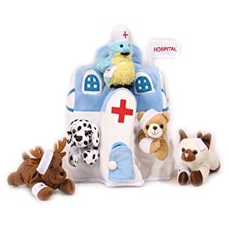 Plush Animal Hospital House & 5 Animals-(Bear Dalmatian Cat Bird Moose