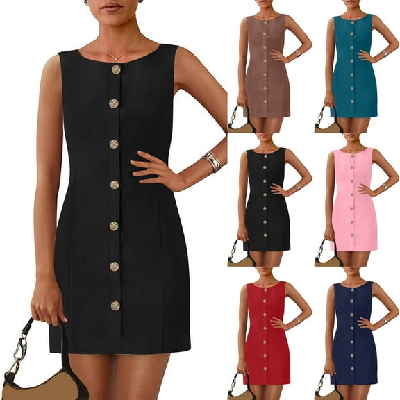 Fashion Plus Size Beach Dresses for Womens 2025 Solid Color Sleeveless Round Neck Button Work Short Dress