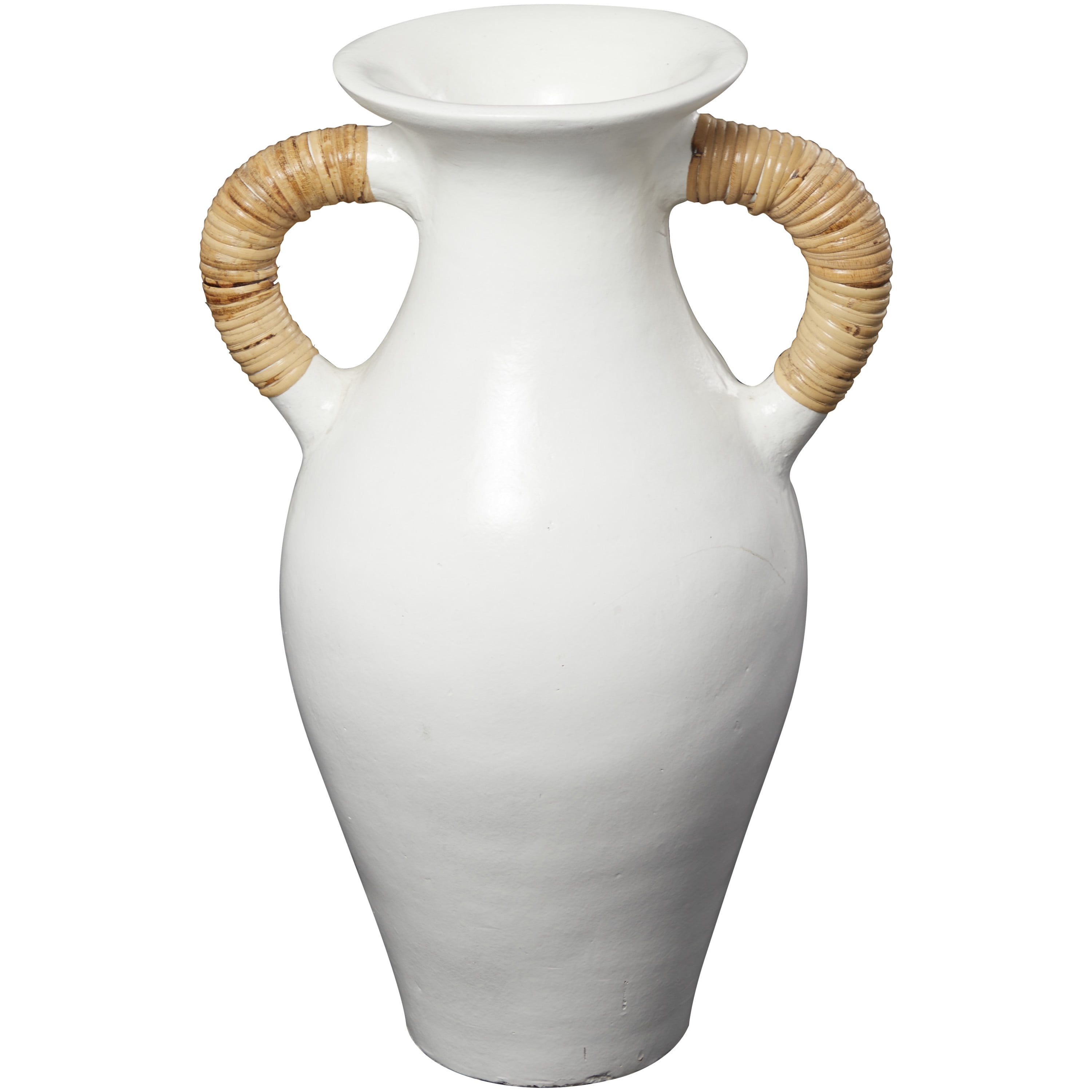 DecMode 21" Jug Inspired White Ceramic Vase with Rattan Wrapped Handles