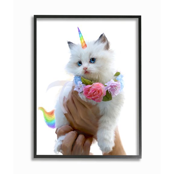 Stupell Industries Floral Kitten Fantasy Feline Rainbow Horn and Tail Framed Wall Art Design by Ziwei Li, 24" x 30", Black Framed