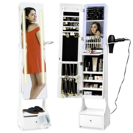 Best Choice Products Full Length LED Mirrored Jewelry Storage Organizer Cabinet w/ Interior & Exterior Lights - White