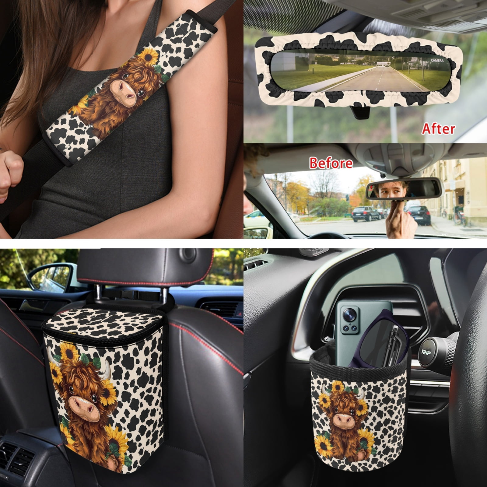 Yuyamidu Highland Cow Car Seat Cover Set of 15 Cow Print Steering Wheel Cover Sunflower Seat Belt Pads Garbage Bag Air Vent Pocket Rearview Mirror Cover Cute Car Coasters Keychain