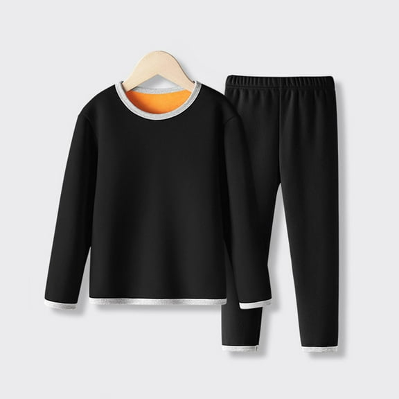 BRGZLK Kids Casual 2-Piece Outfit Set,Boys Girls Fall Winter Trendy Solid Color Round Neck Fleece-Lined Thermal Top and Elastic Waist Pants Thermal Underwear Set Black 3-4 Years
