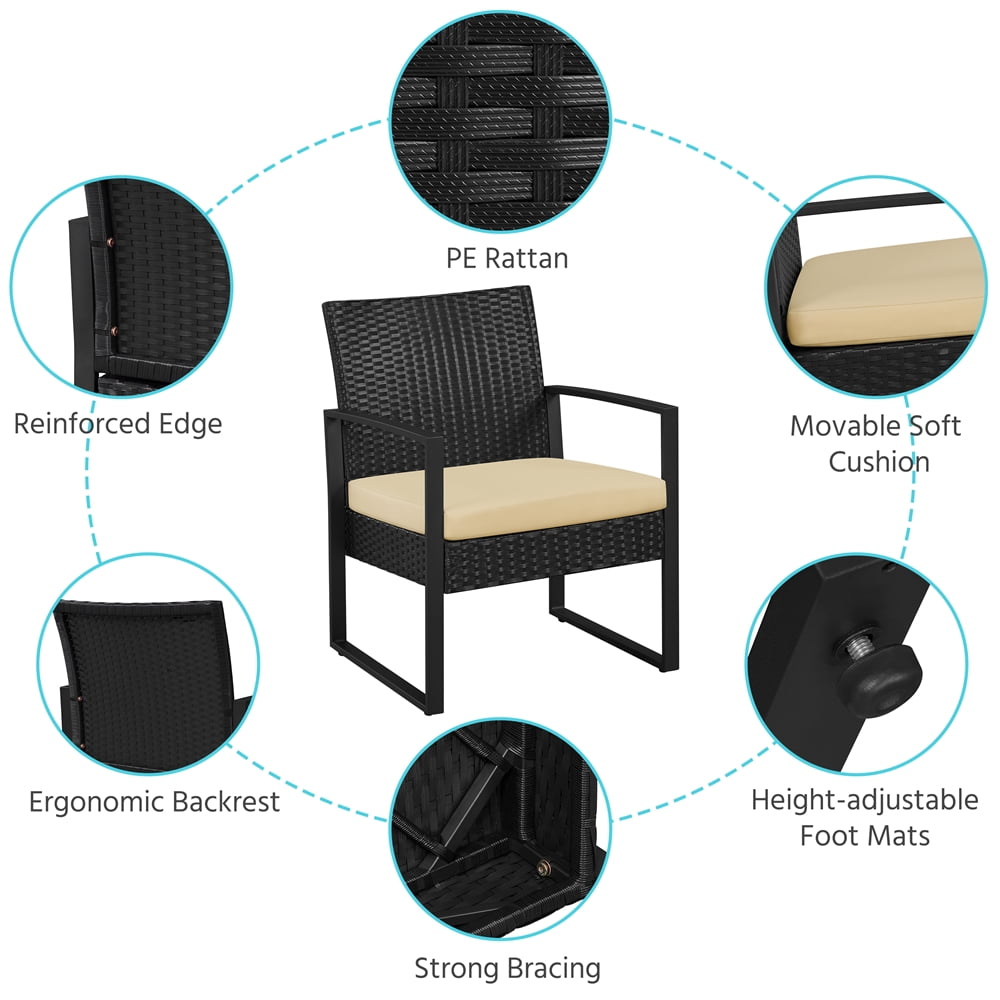Yaheetech 3-Piece Modern Patio Set Rattan Chairs & Table for Garden, Black/ Khaki