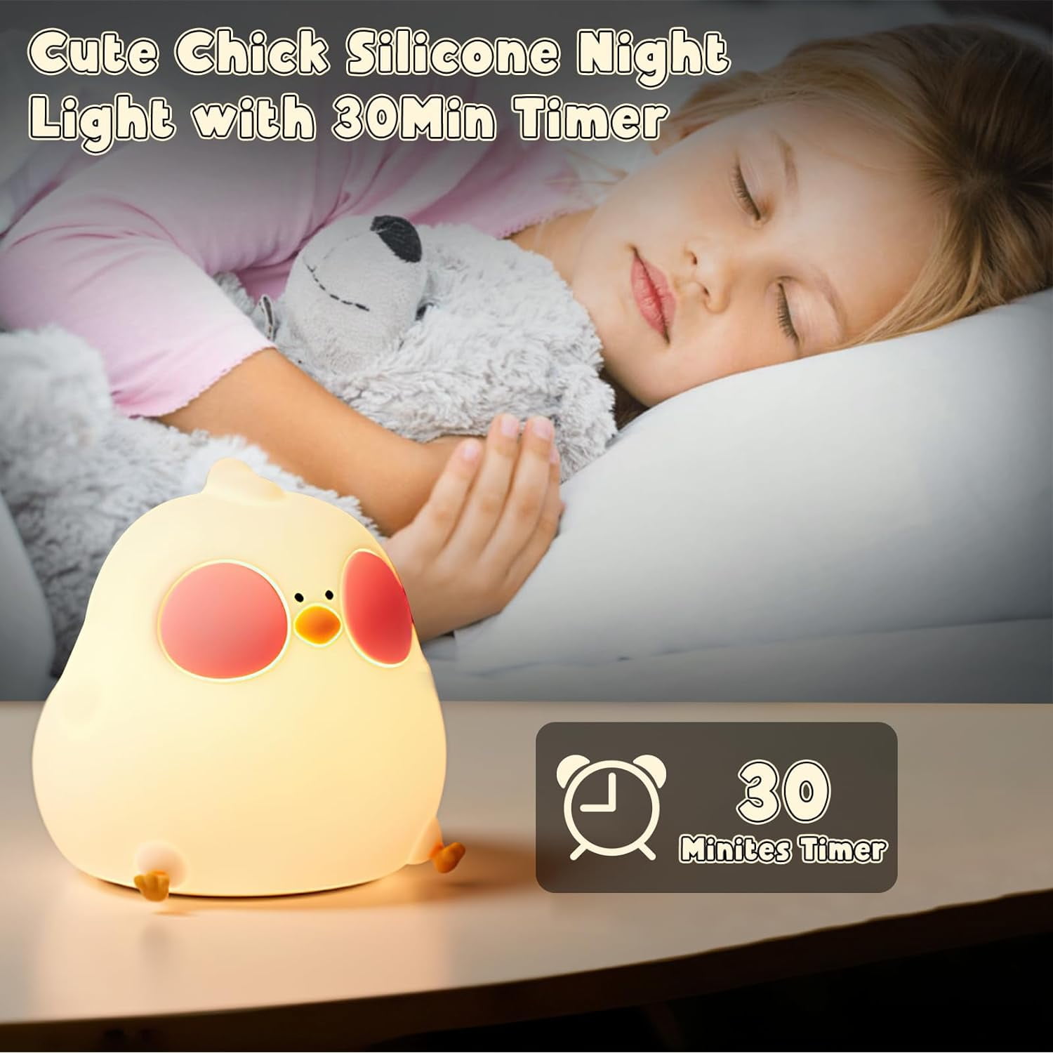 LINLIN Night Light Kids Cute Cooku Chick Night Lamp 7Colors Bedside Lamps Rechargeable Tap Control Baby Night Light with Timer Room Decor Gifts for Children, Toddlers, Teen Girls