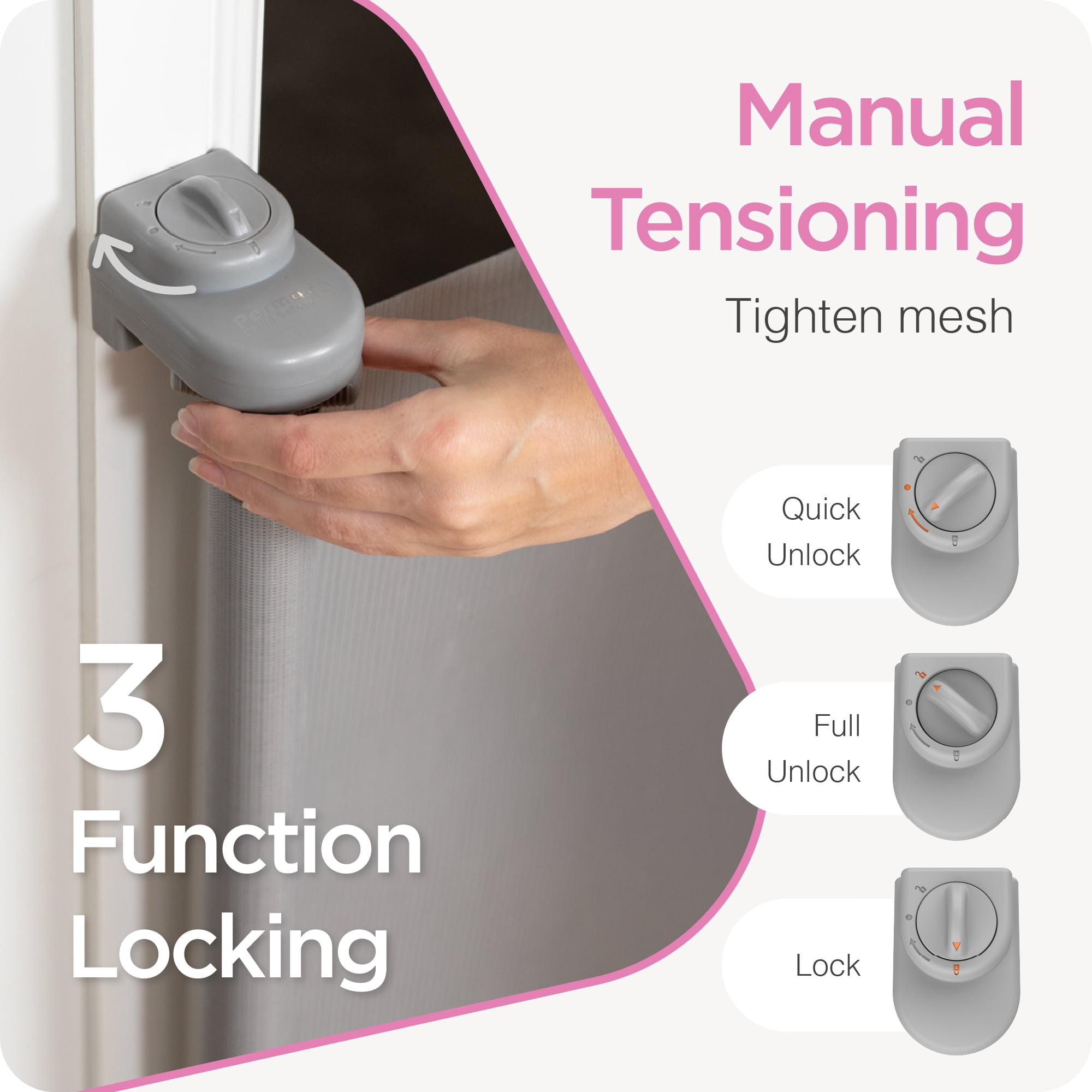 Perma 36” H x 71" W Retractable Baby Gate for 6-24 Months, Manual Tensioning & 3-Way-Locking, Gray
