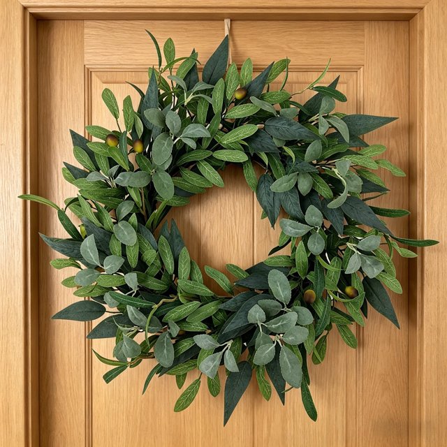 Corona de Hojas de Olivo Artificial de 18 inch, Guirnalda de Tallos Falsos Naturales, Adorno Rústico para Jardín y Puerta Principal, Decoración Ligera Colgante de Pared para Patio, Porche y