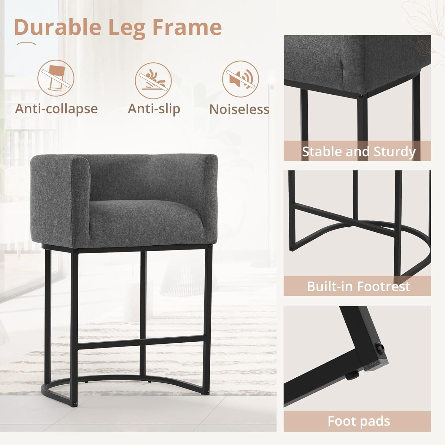 Dycanpo 27" H Modern Bar Stools Set of 6 with Back and Arms, for Home Kitchen, Gray
