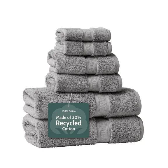 Huba Homes Ultra-Soft 30% Recycled Cotton Bath Towels, 100% Cotton, 6-Piece Towel Set, Gray