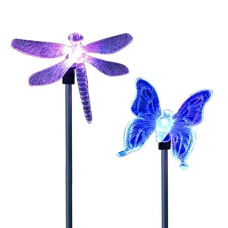 Decor Garden Stakes 2 Pack LED Solar Garden Stake Light Multi Color-Changing Butterfly, Dragonfly Garden Decor Figurines Lights Outdoor Landscape Lighting for Path, Yard, Lawn, Patio ()