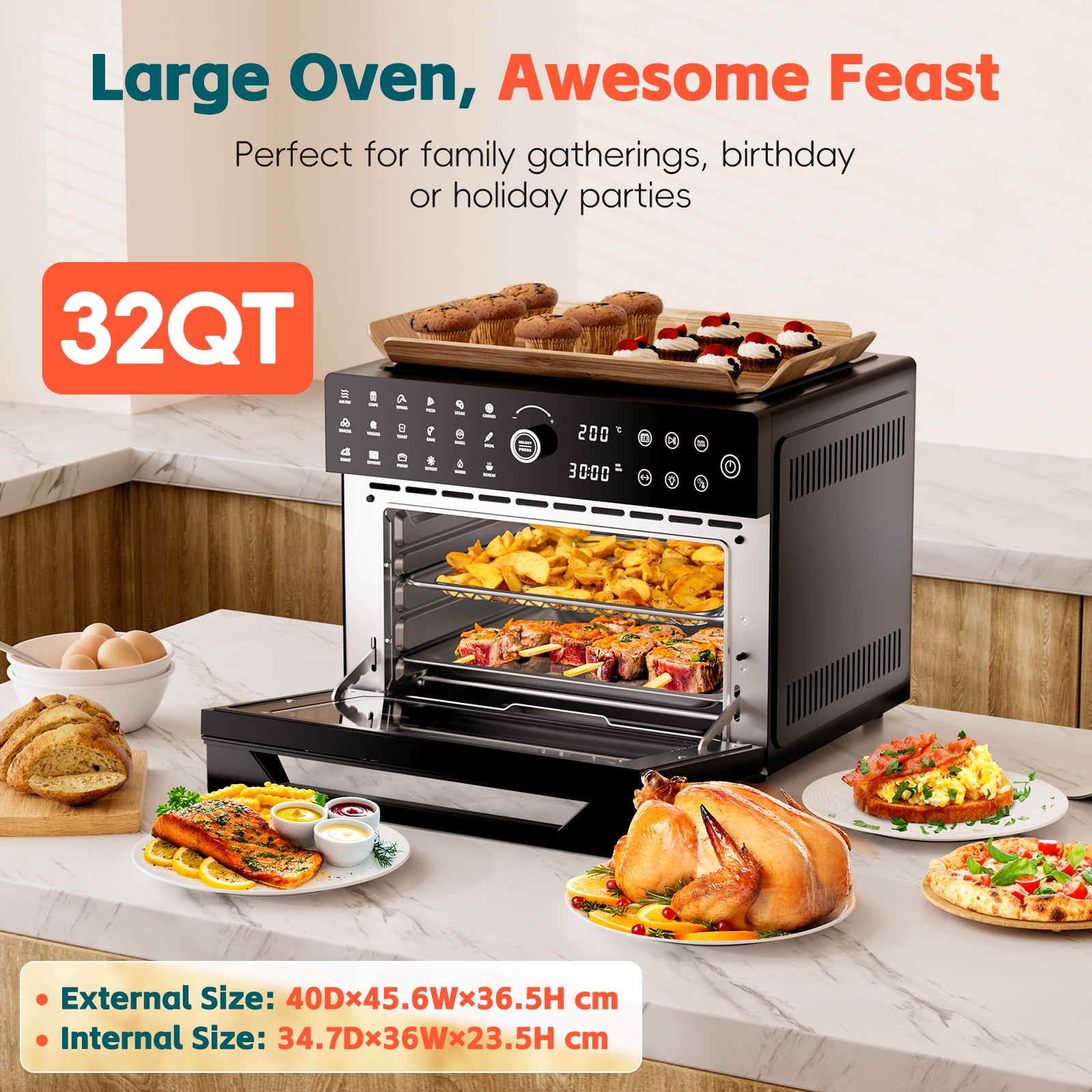 Fitfort 32QT Large Air Fryer Grill Combo, 1800W, 450°F Max Temp, 20-in-1 with 7 Accessories and 13" Pizza Pan