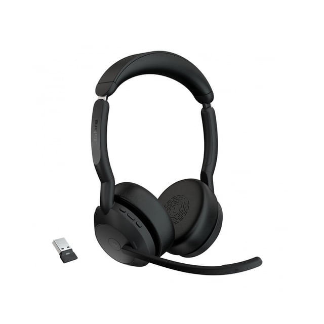 jabra auriculares evolve2 55 ms stereo, inalámbrico, bluetooth, usb a/c, negro — Diadema negra circumaural con copas acolchadas, micrófono abatible en brazo izquierdo, controles físicos en la copa y dongle USB‑A incluido; peso 130 g, diseñado para oficina y call center, Bluetooth 5.2 con alcance hasta 30 m, apto para videollamadas y trabajo remoto.