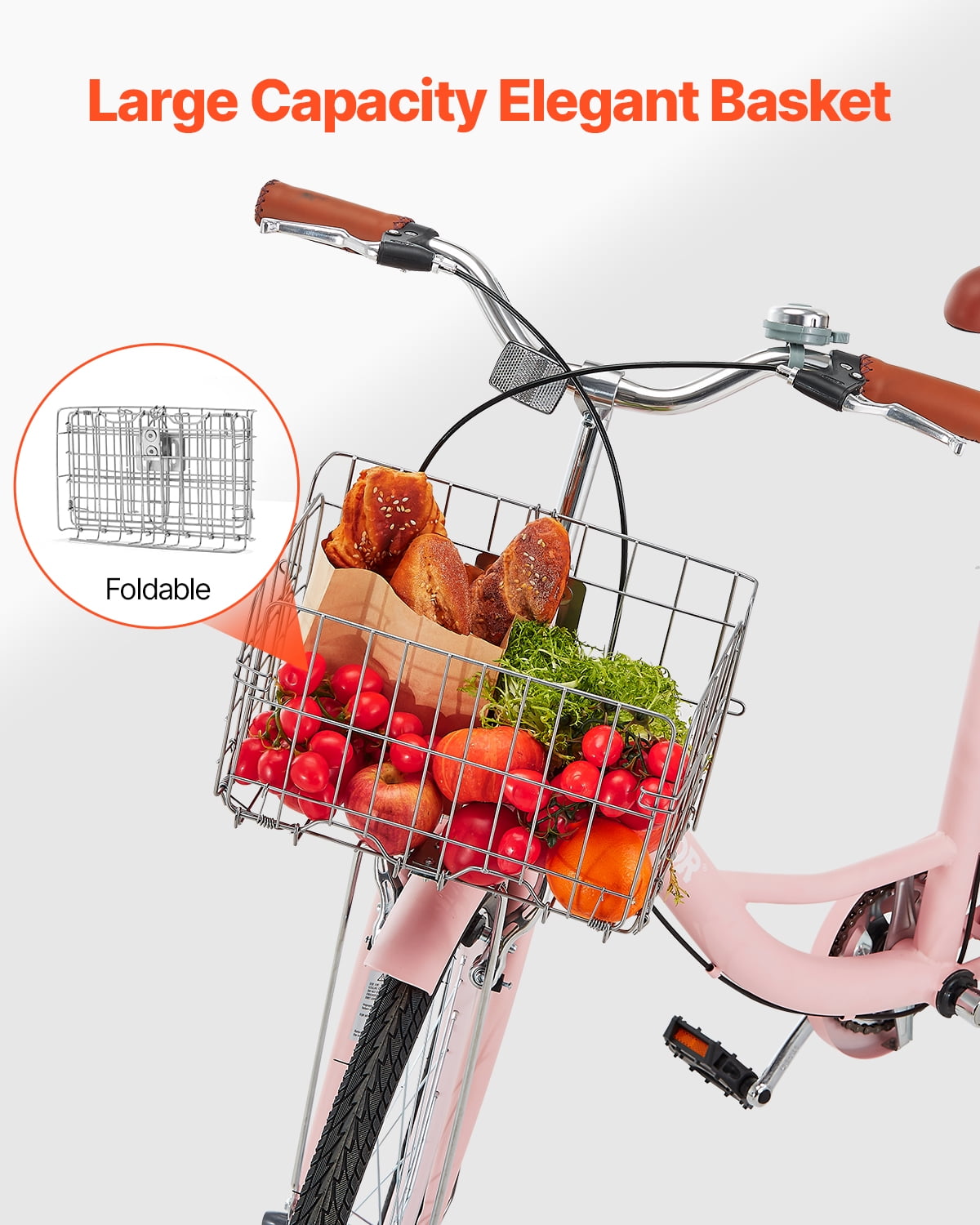 VEVOR Cruiser Bike, 1-Speed, 26-Inch Pink Beach Cruiser Bike with Large Capacity Basket and Rear Rack, Secure & Sturdy Cruiser Bike with Adjustable Seat, Fits for Cycling, Exercise & Shopping
