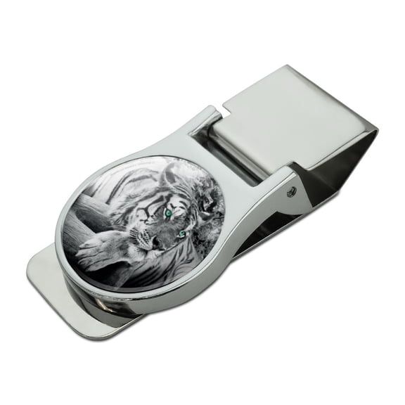 Black and White Tiger with Blue Green Eyes Satin Chrome Plated Metal Money Clip
