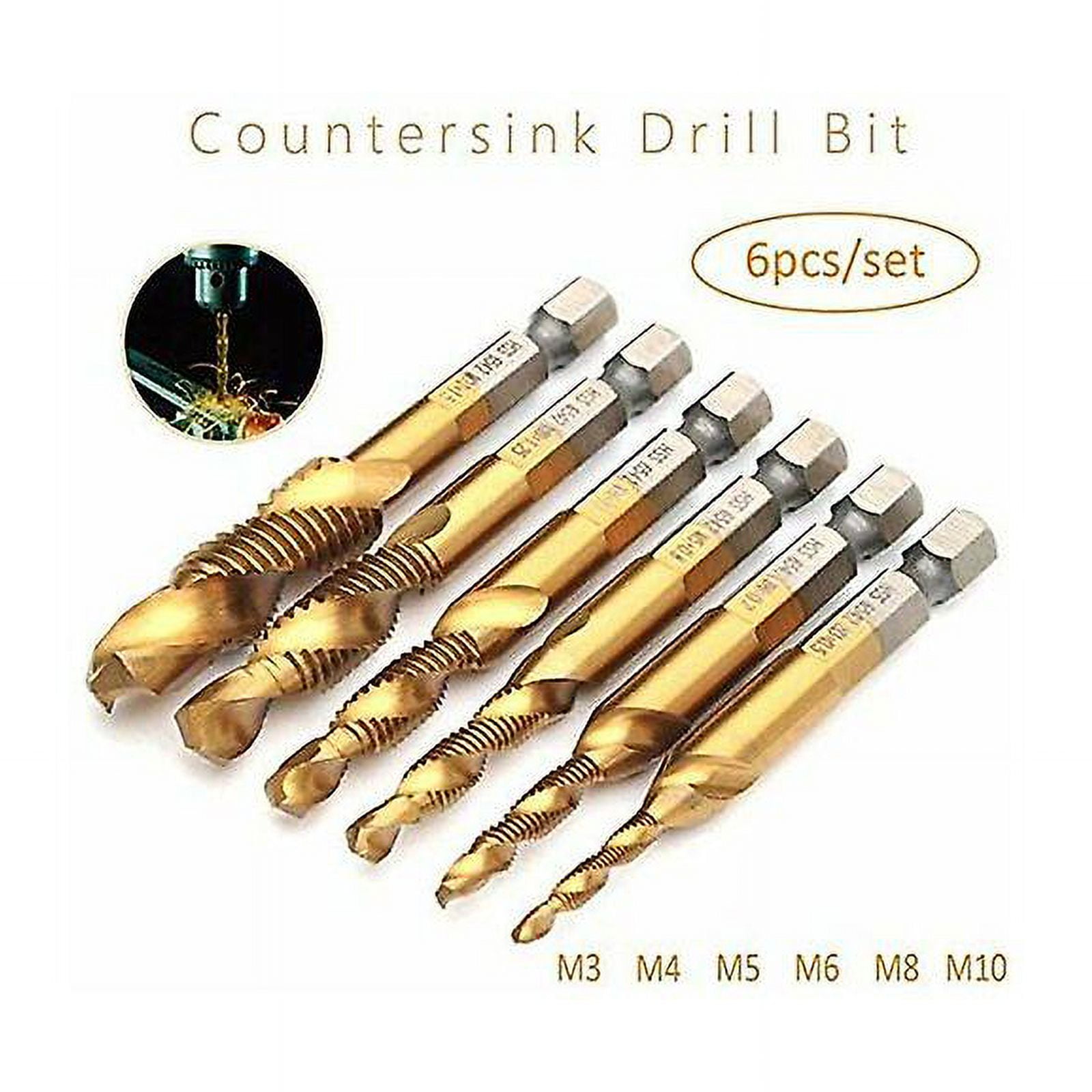 Juego 6 Brocas Roscadoras M3 A M10 Con Vástago Hexagonal 1/4 - Para Taladrar Y Roscar En Metal En Un Solo Paso (titaniado)