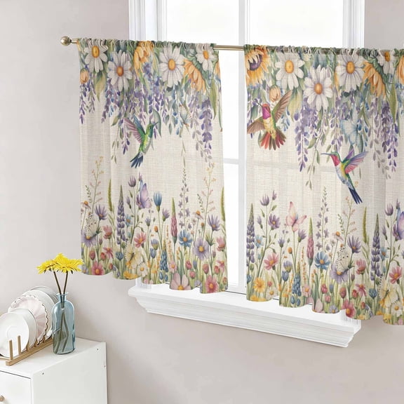 Spring Floral Sheer Curtains 45 Inch Length 2 Panels Set Window Treatments, Daisy Sunflowers Wisteria Hummingbird Beige Rod Pocket Semi Curtains for Living Room/Bedroom/Kitchen Décor, 104"W x 45"L