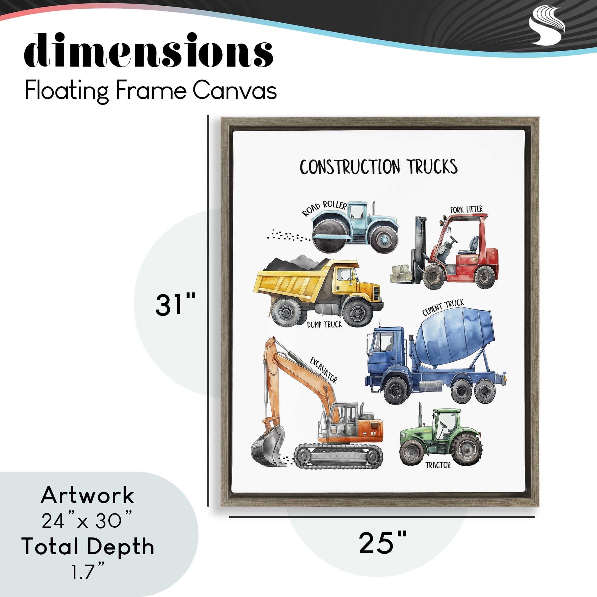 Construction Trucks Machinery Brown Framed Floater Canvas Wall Art, design by Christine Simpson Art