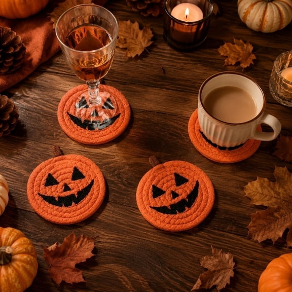 Pumpkin Drink Mat – Crochet Halloween Tableware, Black Orange Beverage Base | Handmade Absorbent Coasters, Cotton Heat Shield for Fall Party, Rustic Theme Cup Accessory, Fiber Round Tabletop