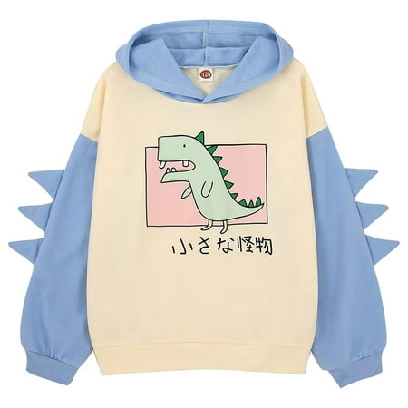 

YYDGH Clearance Little Girls Cute Dinosaur Pullover Hoodie Sweatshirt Colorblock Splice Hooded Kids Fall Winter Cartoon Casual Long Sleeve Tops(Blue 9-10 Years)