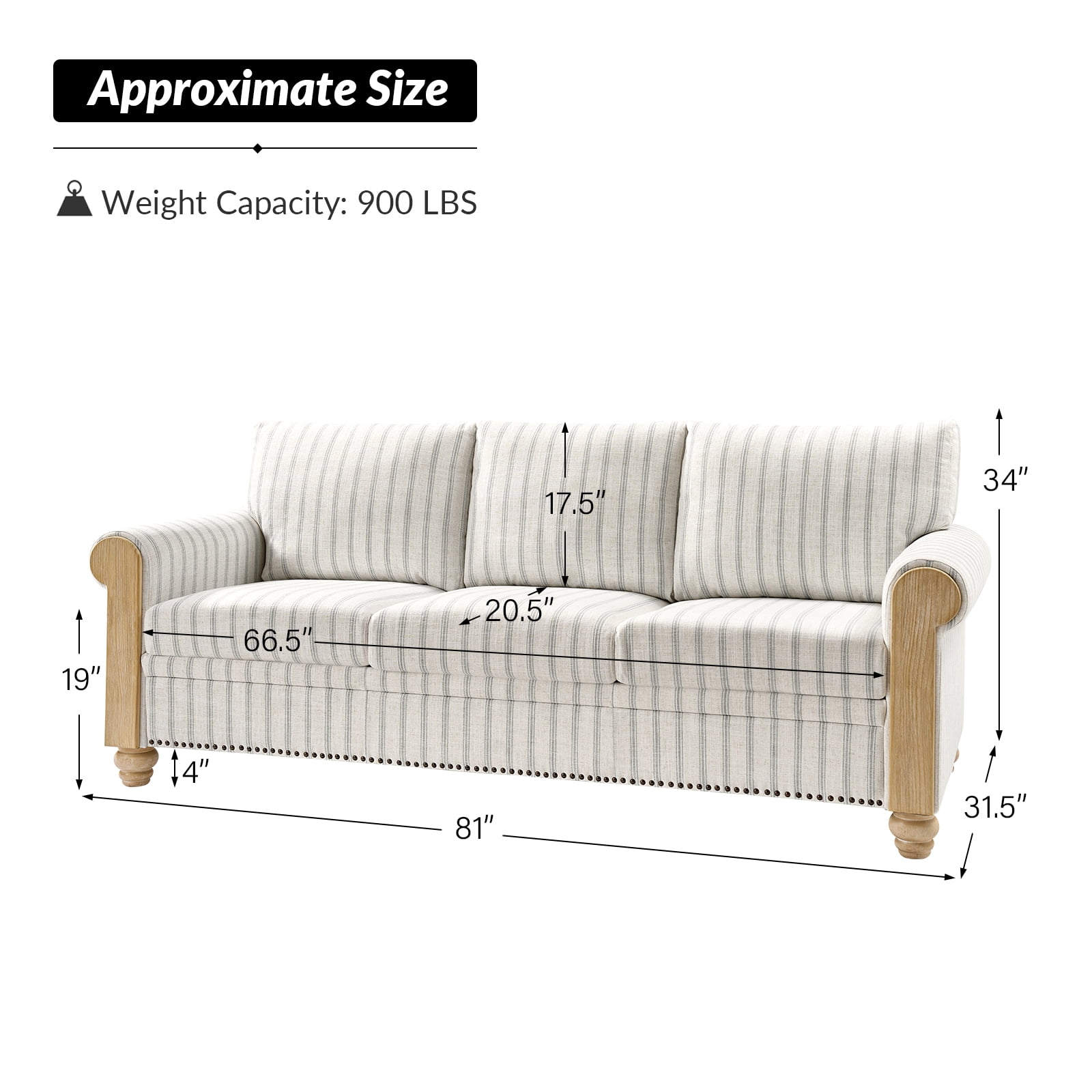 Tina's Home 81" Farmhouse 3-Seater Sofa with Rolled Arms, Upholstered Striped Linen Couch with Solid Wood Legs, Comfortable Living Room Sofa