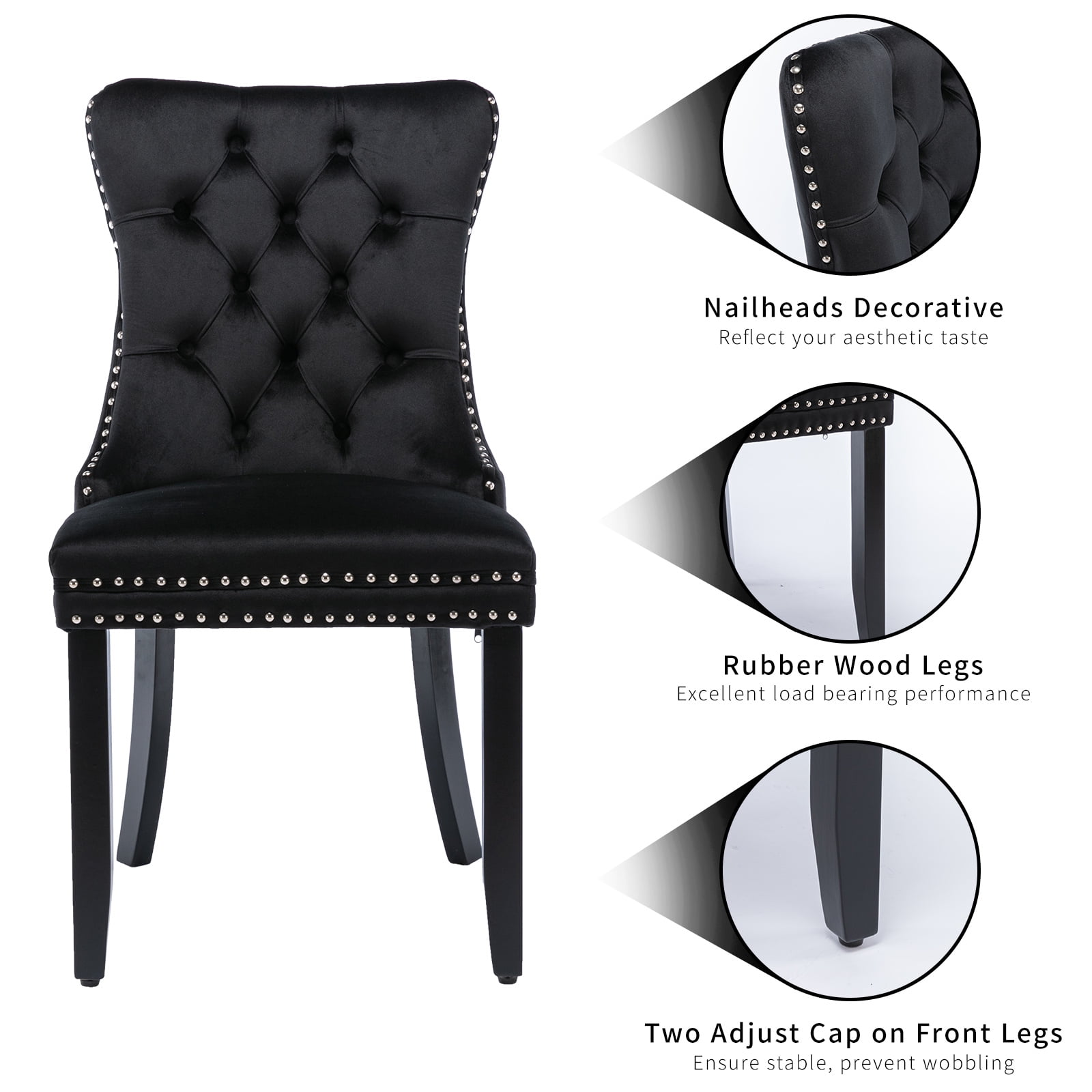 ODUSE-DAILY Black Velvet Dining Chairs Set of 4, Kitchen & Dining Room Chairs, Sillas De Comedor, Nailheads Tufted, Velvet Upholstered, Solid Wood (Black, 4 Pcs)