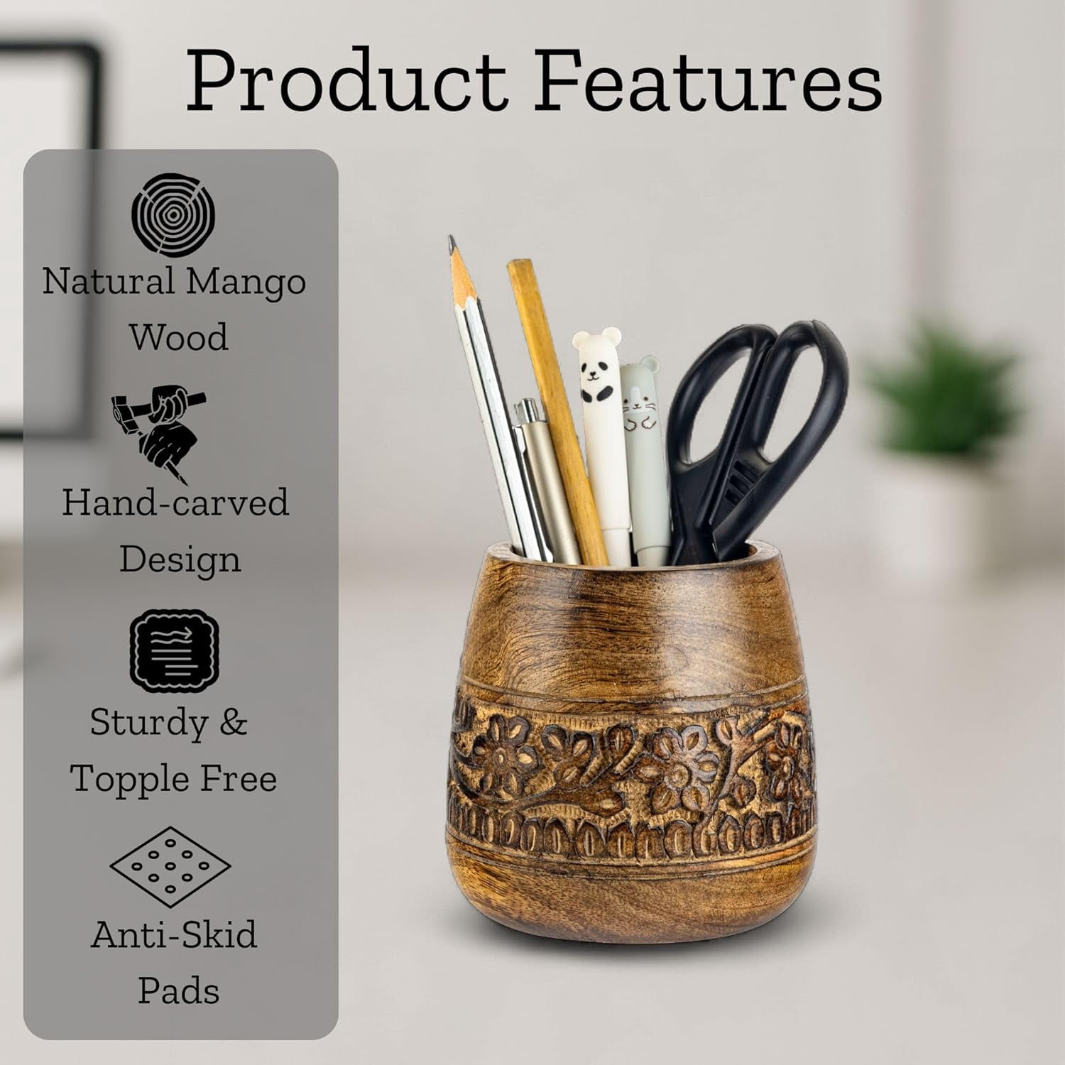 Designer Pencil Holder for Desk Wood | Wooden Pen Stand, Paintbrush Cup, Accessories, Cute Make Up Brush Organizers Office Desktop Stationery, Christmas Holidays Gift- 4'' Brown