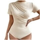 thumbnail image 2 of Body moldeador para mujer, color liso, ligero, fino, plisado, ajustado, manga corta, cuello redondo, mono con aberturas., 2 of 5