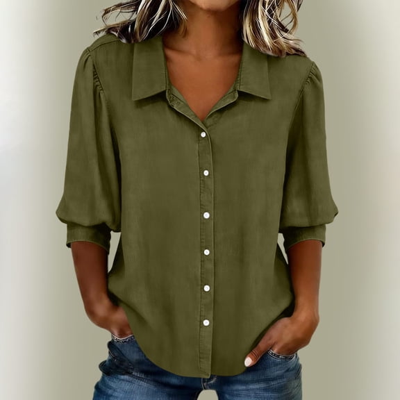 NTACZA Casual Summer Tops Shirts Solid Button Down Collared Relaxed Fit 3/4 Sleeve Blouson Blouse Army Green