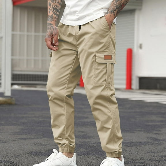 Zimjoy Brown Cargo Pants for Men Big and Tall Casual Work Sweats Pants Baggy Elastic Waist Straight Leg Streetwear Clothing with Pockets, Khaki M