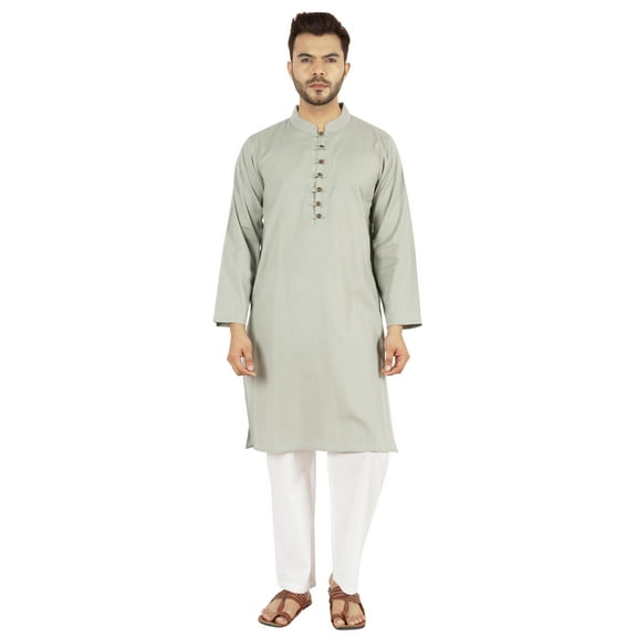 Atasi Indian Mens 2 Piece Kurta Pajama Set Henley NeckÂ Casual Long Kurta