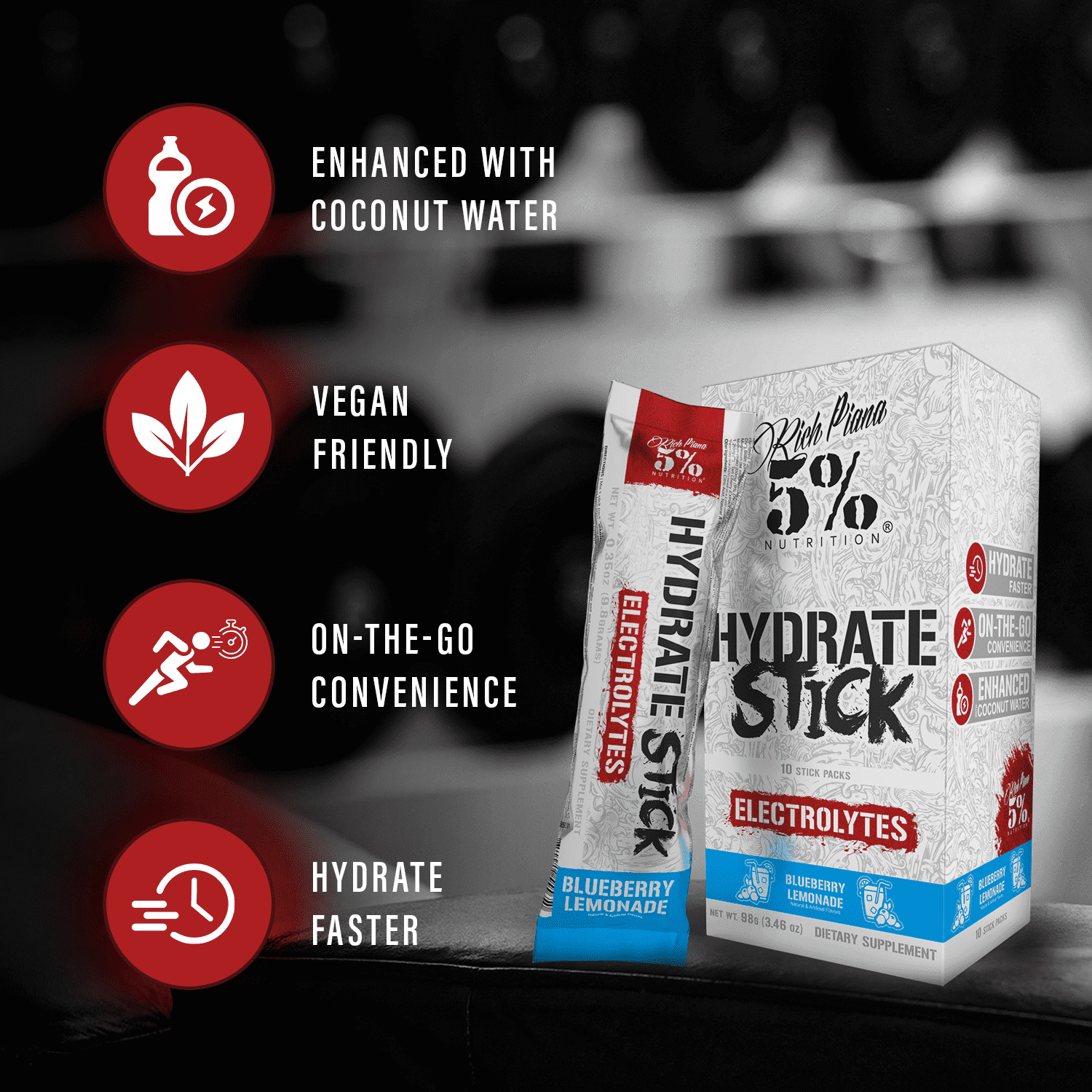 5% Nutrition Hydrate Stick Electrolyte Powder Packets, Coconut Water Hydration Supplement - 10 Count (Blueberry Lemonade)