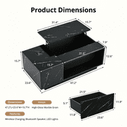 Lift-Top Coffee Table with Wireless Charging, Bluetooth Speaker, USB Ports & LED Lights, Black