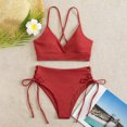 thumbnail image 3 of Efsteb 2 Piece High Waisted Bikini Set for Women V Neck Backless Strap Split Swimsuit Solid Color Drawstring Two Piece Bathing Suit (Red,M), 3 of 5