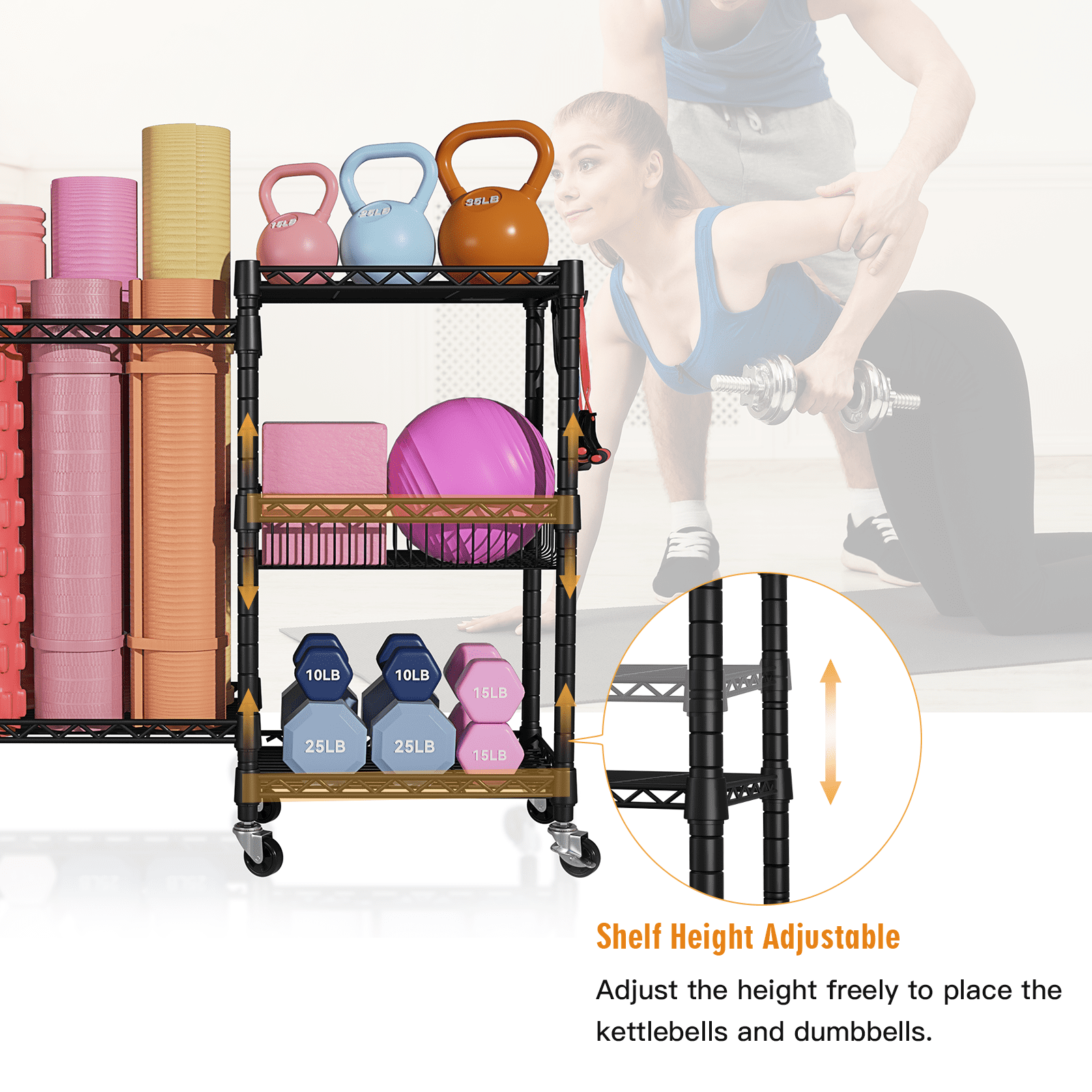 FUTASSI Home Gym Storage, 3 Tiers Workout Equipment Organizer with Wheels for Yoga Mats, Foam Roller, Dumbbells, Kettlebells, and Resistance Bands