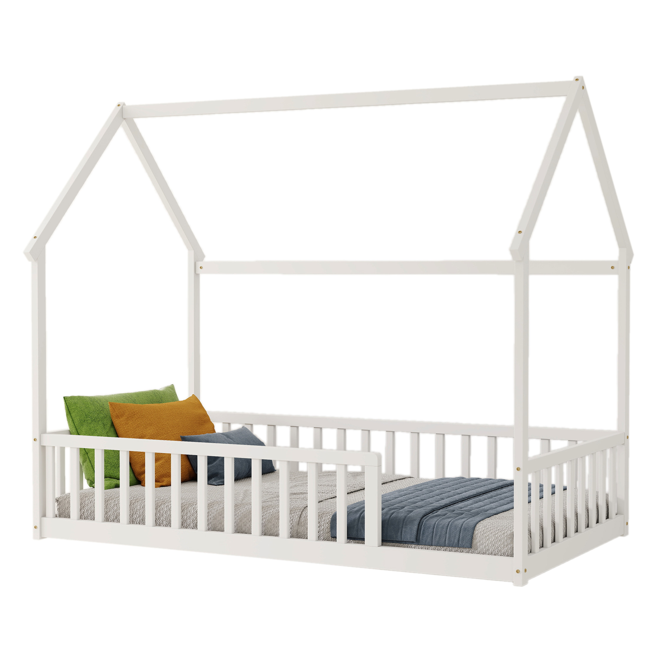 Noble House Morde Twin Size House Floor Bed with Gable Roof Frame & Safety Guardrails, Pine Wooden Bed Frame, White
